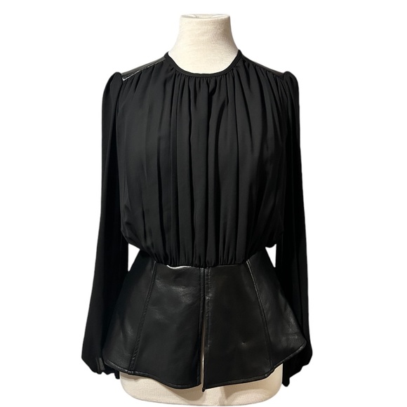 Joseph Ribkoff Tops - Joseph Ribkoff Black Pleated Long Sleeve top with Pleather Peplum US Size 6